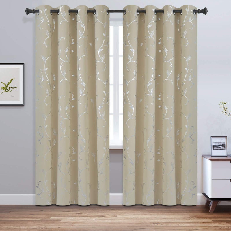BUHUA Beige Flower Vine Print Curtain Thermal Insulated Blackout Curtains Privacy Curtain for Dining Room 52WÃ—96L Inch 1Pair - Image 2